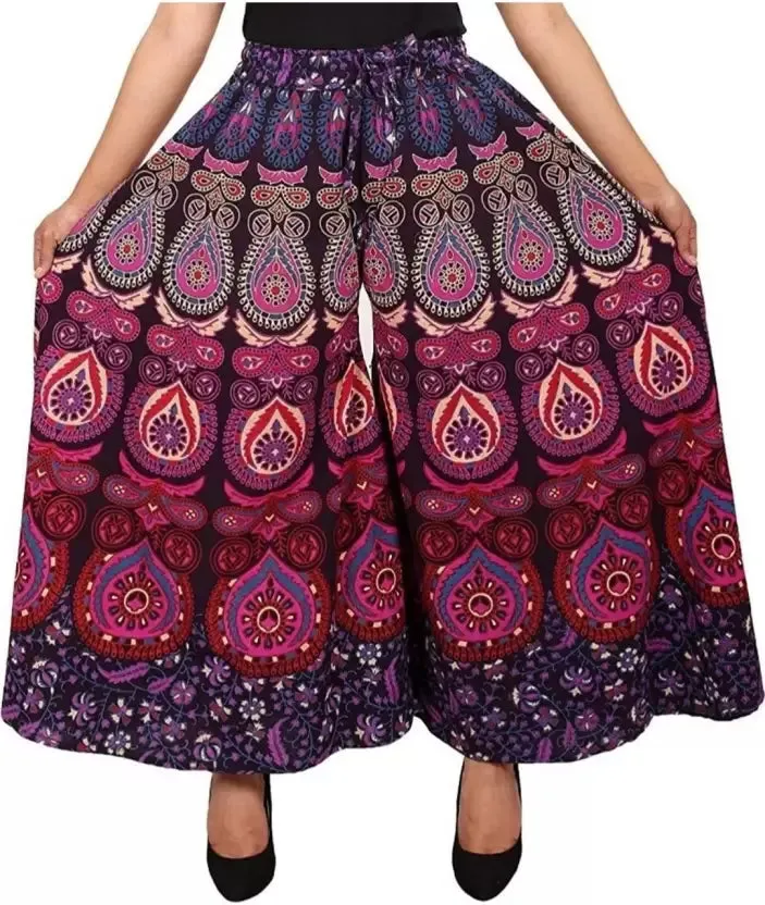 Women's Multicolor Hand Block Print Jaipuri Palazzo Pants - Mixup Purple